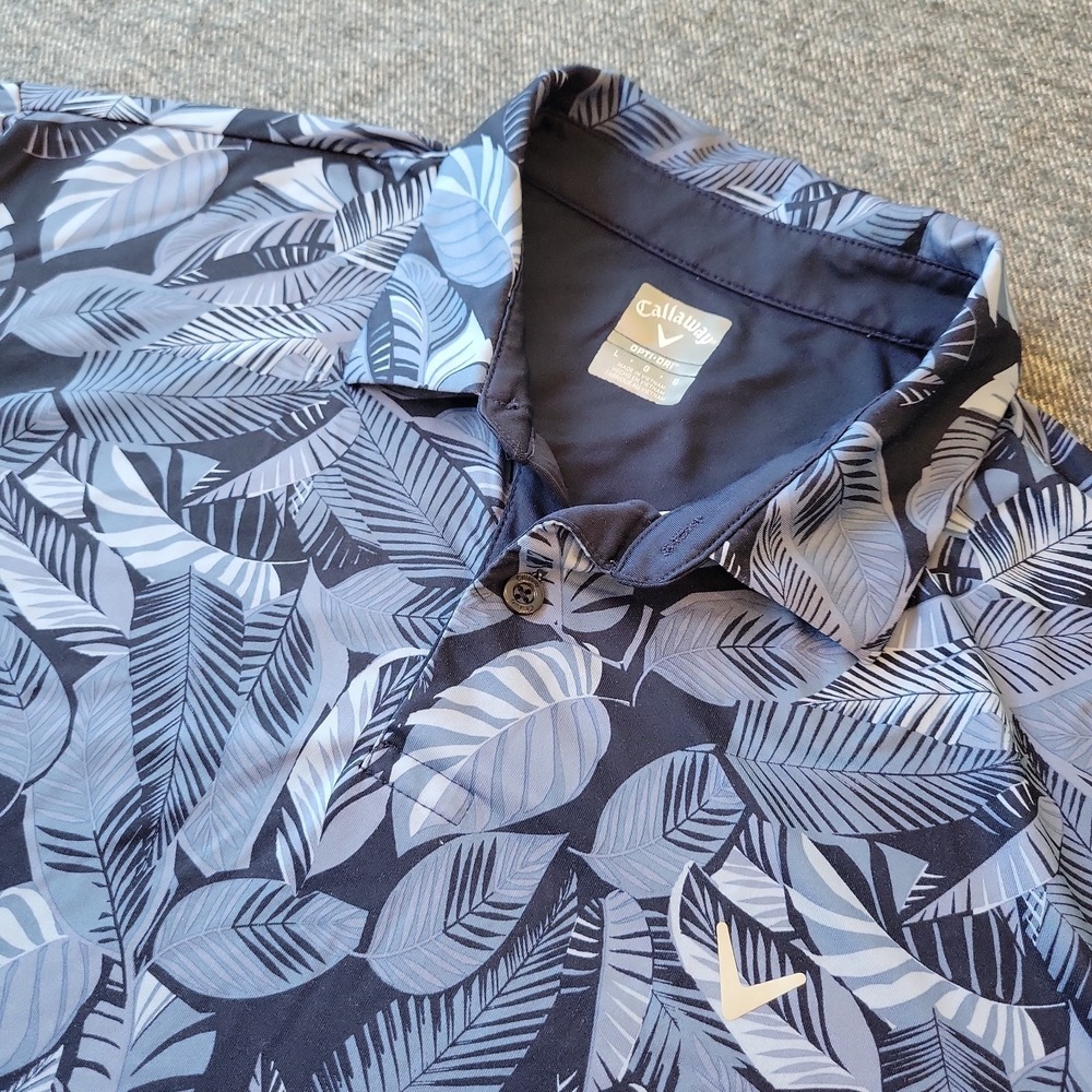 Callaway Polo Shirt Men's Large Opti Dri Blue All Over Floral Golf Stretch Palm